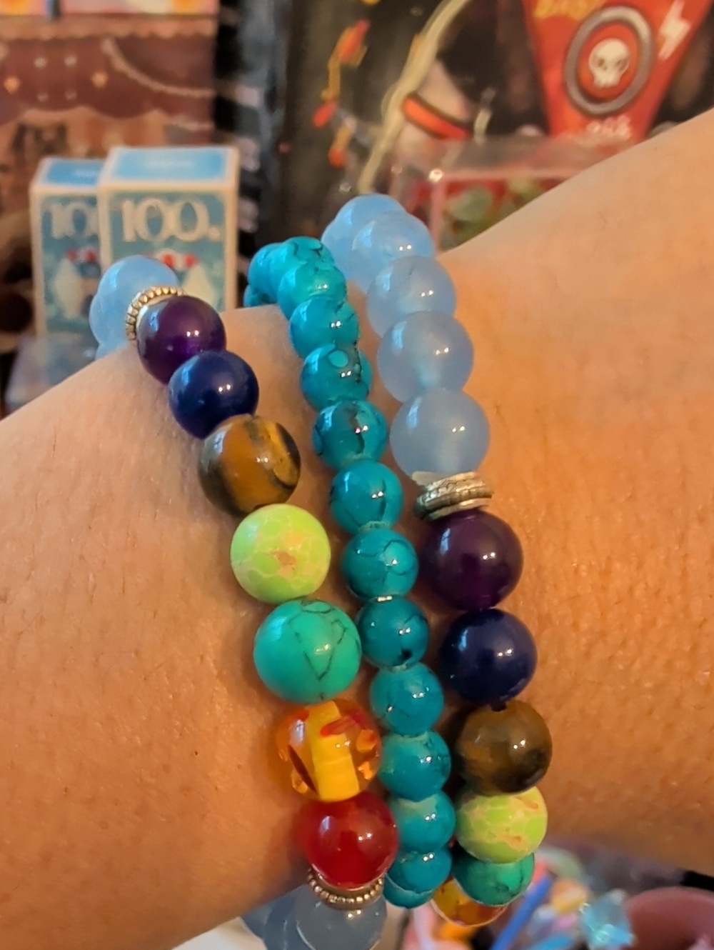 3 Colorful Beaded Stretch Bracelet Stack - Blue, Turquoise, Purple, Green, Red